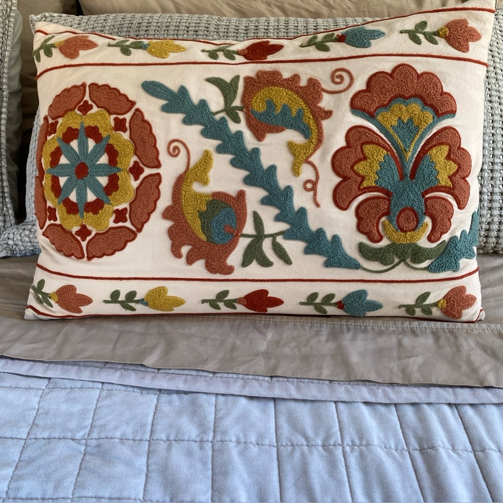 Pier 1 Embroidered Pillow 24”x16” Boho Polish Folk Art Teal/Rose/Gold
